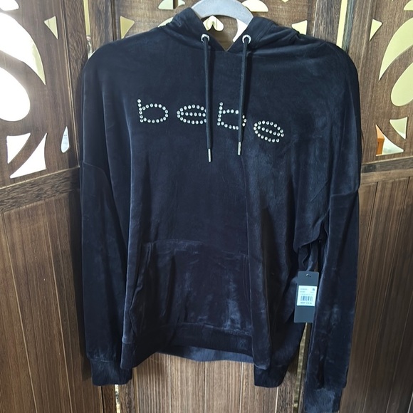 Bebe Black Velvet Hoodie Sweatshirt with Pullover Style - Picture 3 of 8